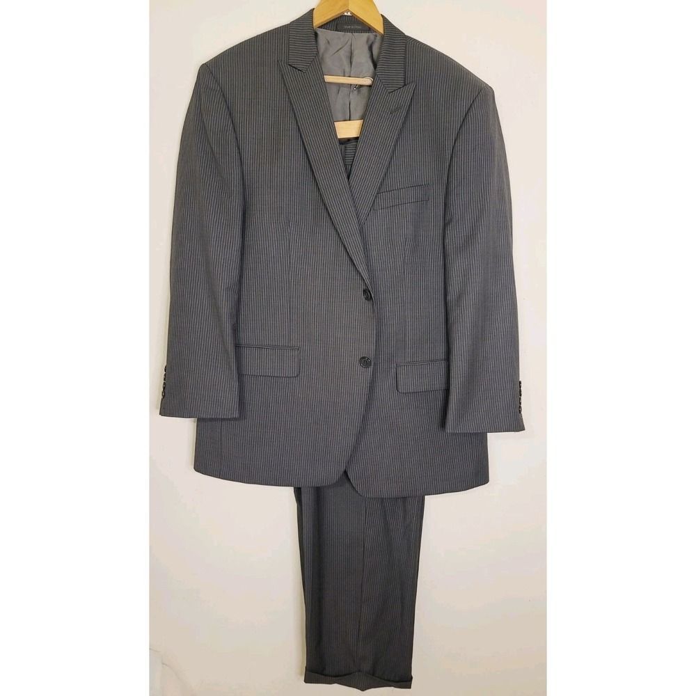 Mens 2 Piece Suit 44R Gray Pinstripe 2 Button 100% Wool Pants 40x30 Wedding